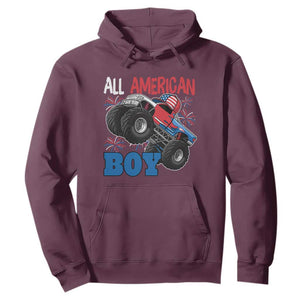 Funny All American Boy 4th Of July Hoodie Monster Trucks American Flag Fireworks TS11 Maroon Print Your Wear