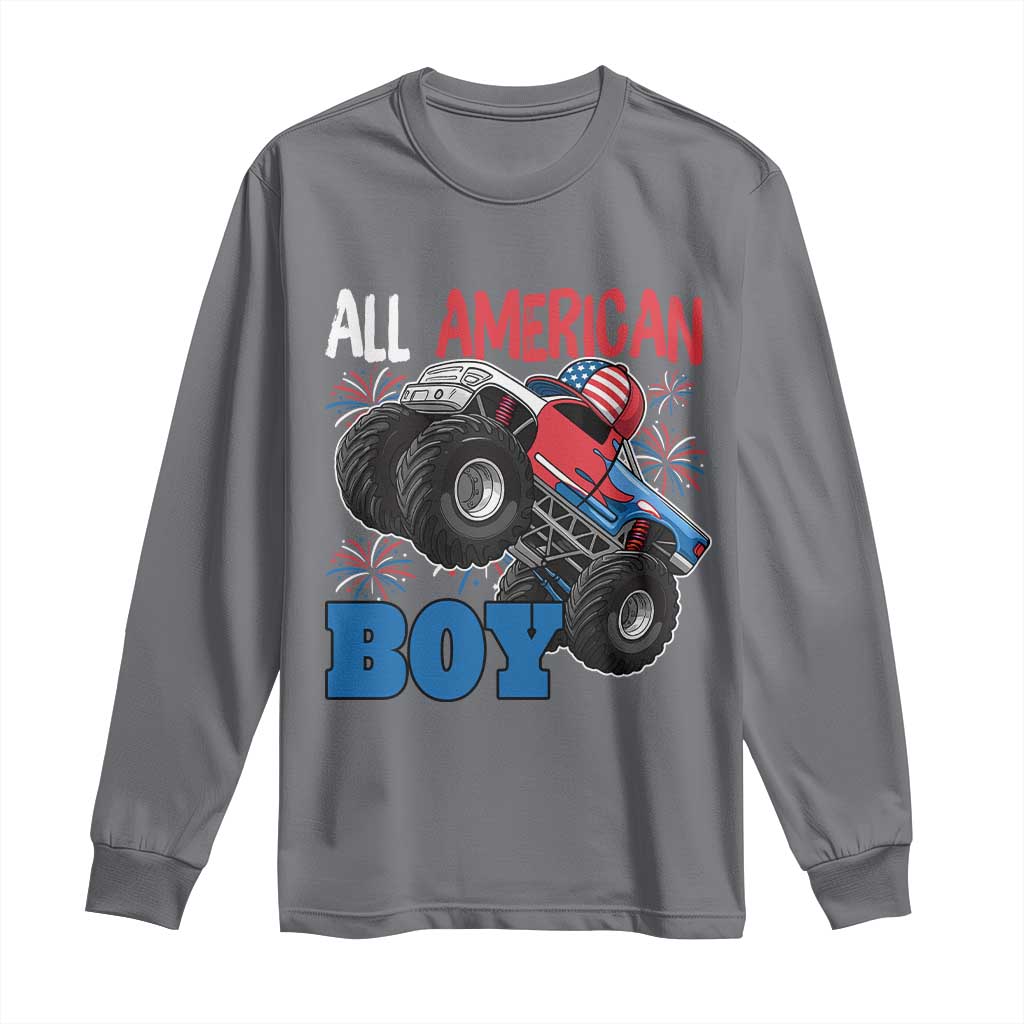 Funny All American Boy 4th Of July Long Sleeve Shirt Monster Trucks American Flag Fireworks TS11 Charcoal Print Your Wear