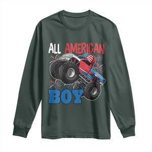 Funny All American Boy 4th Of July Long Sleeve Shirt Monster Trucks American Flag Fireworks TS11 Dark Forest Green Print Your Wear