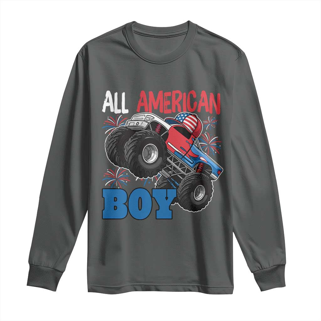 Funny All American Boy 4th Of July Long Sleeve Shirt Monster Trucks American Flag Fireworks TS11 Dark Heather Print Your Wear
