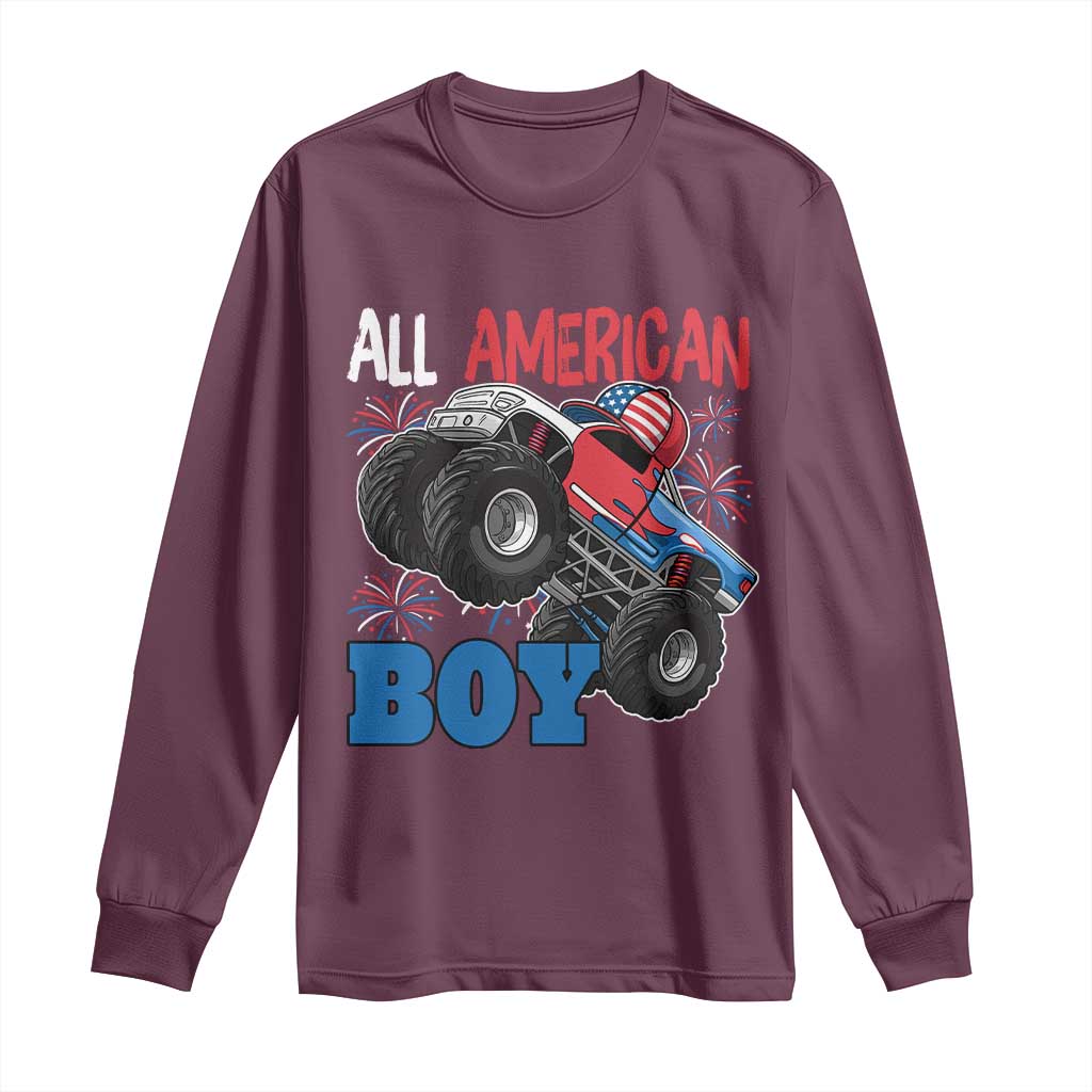 Funny All American Boy 4th Of July Long Sleeve Shirt Monster Trucks American Flag Fireworks TS11 Maroon Print Your Wear