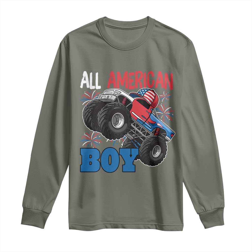 Funny All American Boy 4th Of July Long Sleeve Shirt Monster Trucks American Flag Fireworks TS11 Military Green Print Your Wear