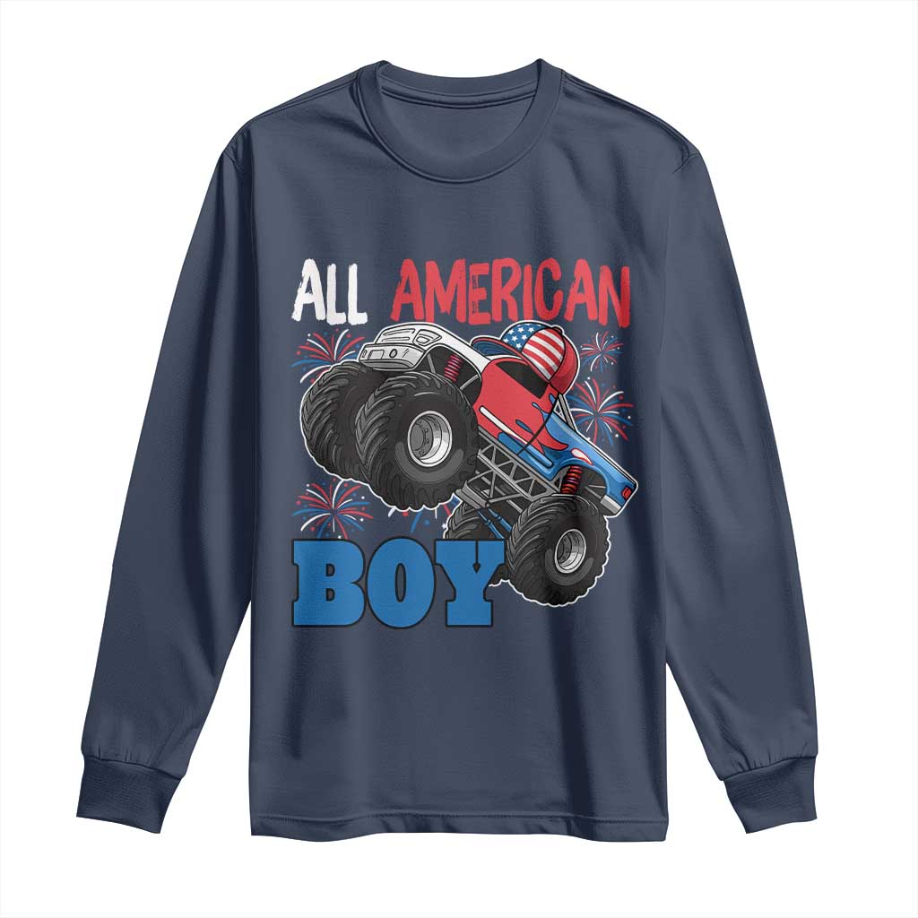 Funny All American Boy 4th Of July Long Sleeve Shirt Monster Trucks American Flag Fireworks TS11 Navy Print Your Wear