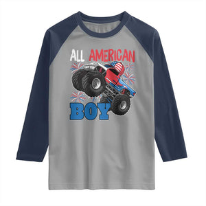 Funny All American Boy 4th Of July Raglan Shirt Monster Trucks American Flag Fireworks TS11 Sport Gray Navy Print Your Wear