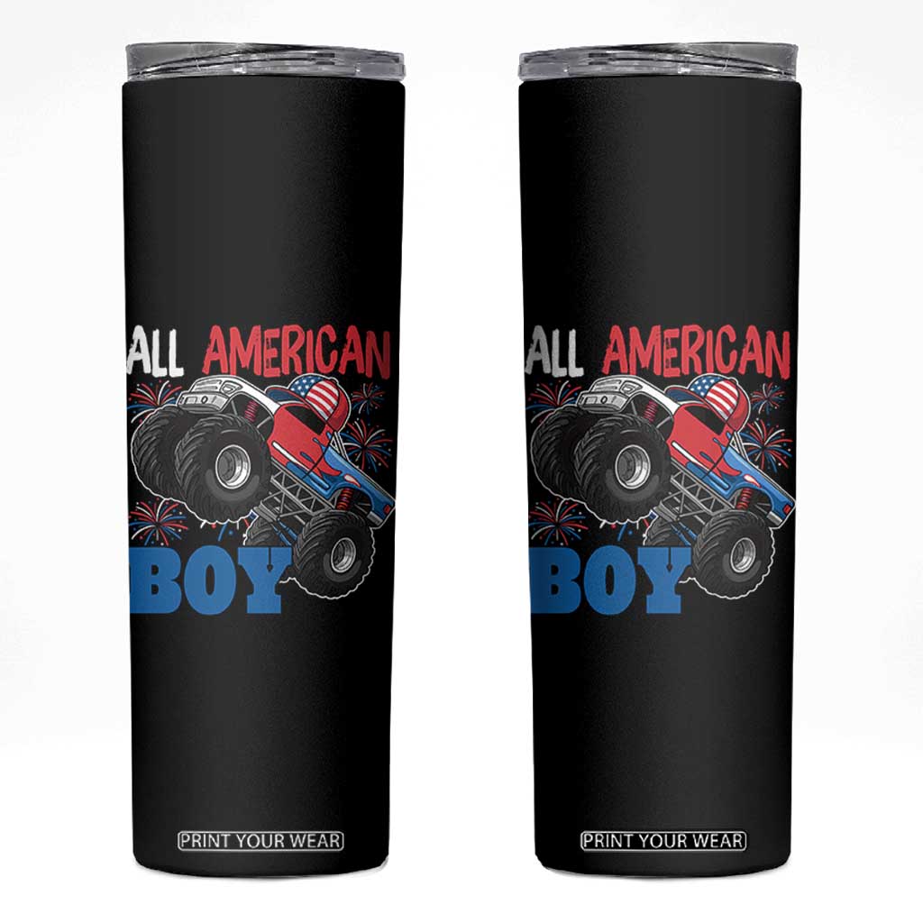 Funny All American Boy 4th Of July Skinny Tumbler Monster Trucks American Flag Fireworks TS11 Black Print Your Wear