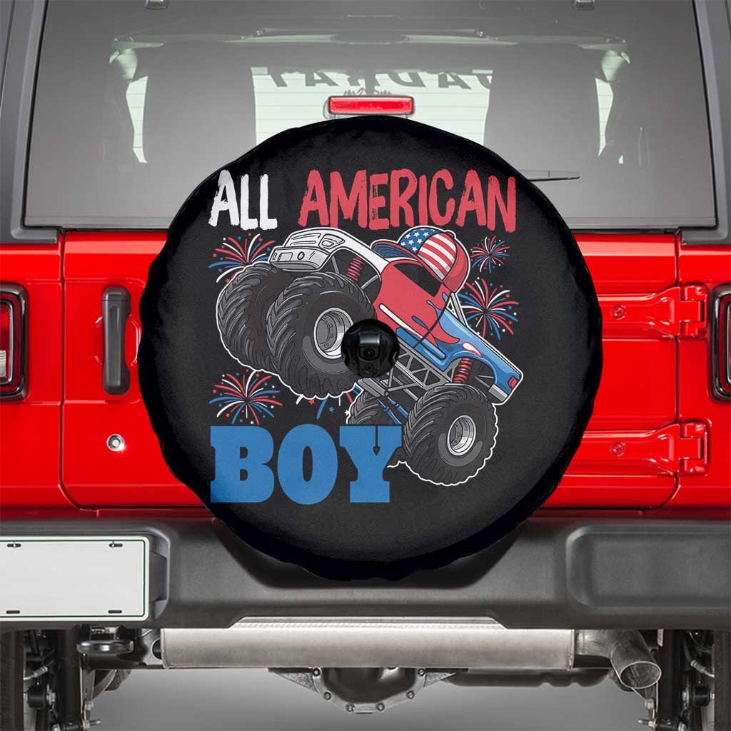 Funny All American Boy 4th Of July Spare Tire Cover Monster Trucks American Flag Fireworks TS11 Black Print Your Wear