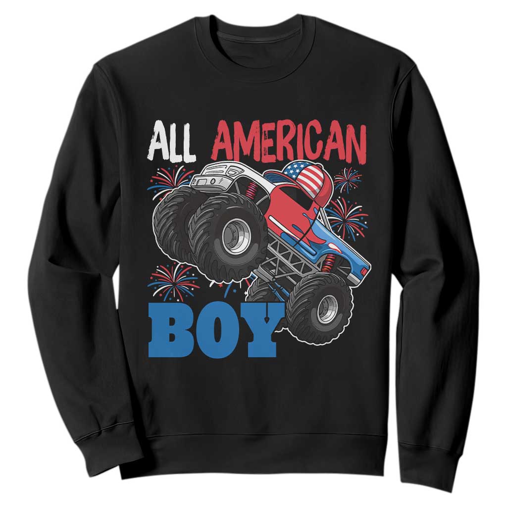 Funny All American Boy 4th Of July Sweatshirt Monster Trucks American Flag Fireworks TS11 Black Print Your Wear
