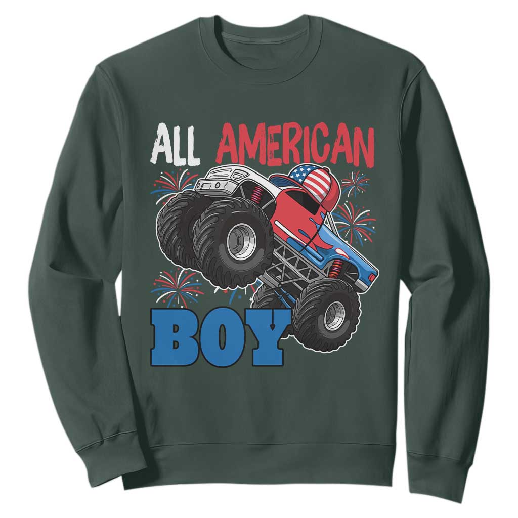 Funny All American Boy 4th Of July Sweatshirt Monster Trucks American Flag Fireworks TS11 Dark Forest Green Print Your Wear