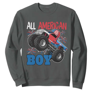 Funny All American Boy 4th Of July Sweatshirt Monster Trucks American Flag Fireworks TS11 Dark Heather Print Your Wear