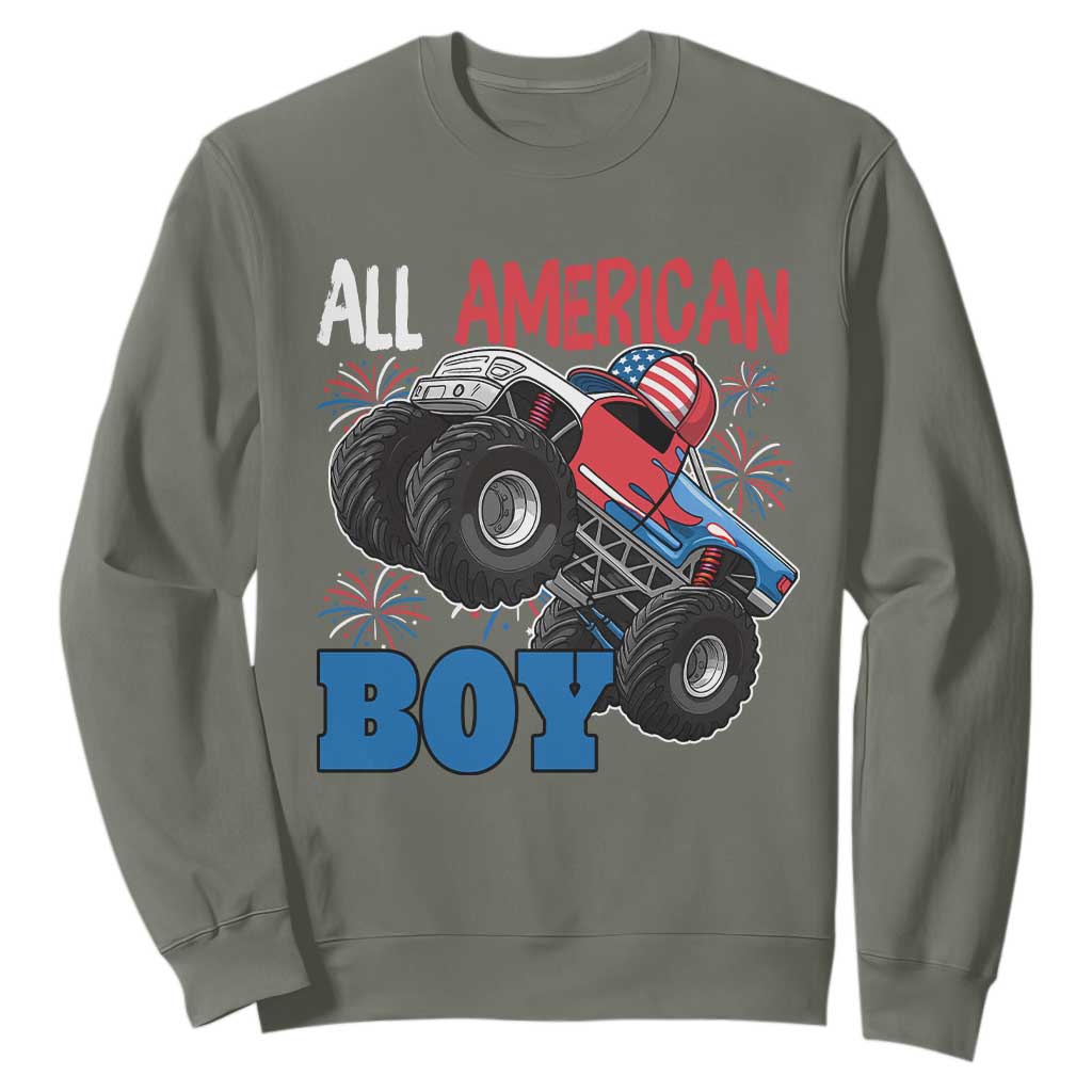 Funny All American Boy 4th Of July Sweatshirt Monster Trucks American Flag Fireworks TS11 Military Green Print Your Wear