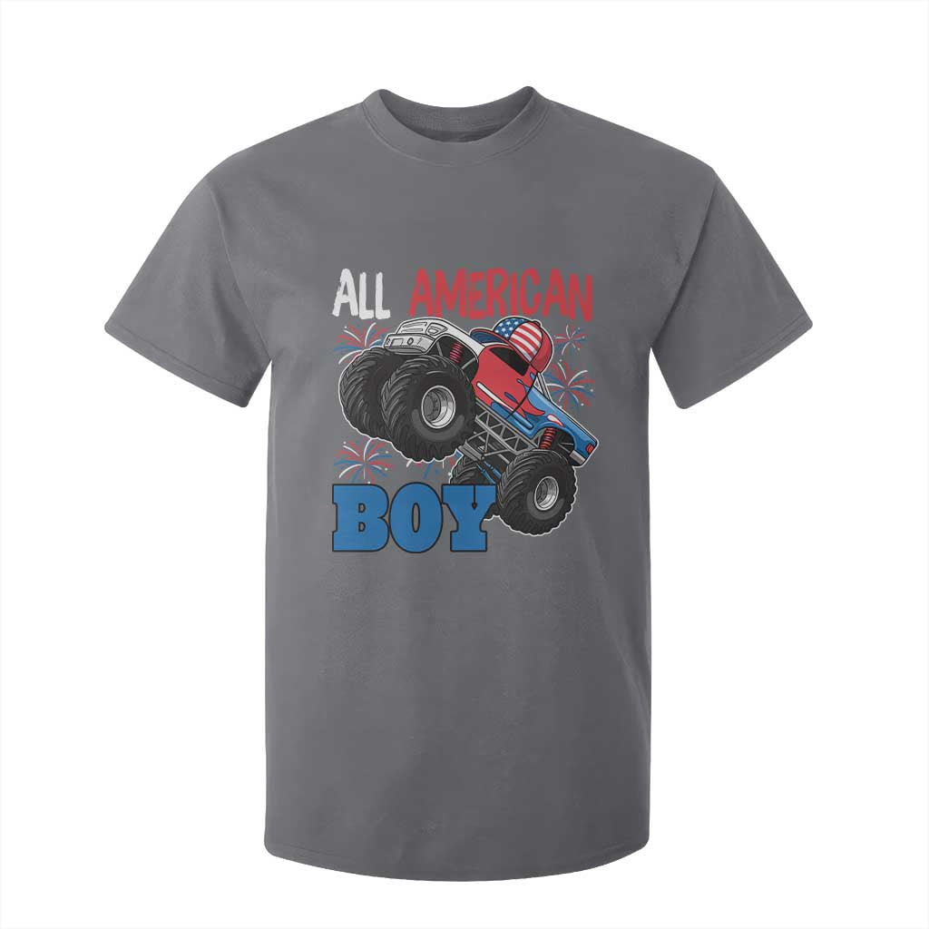 Funny All American Boy 4th Of July T Shirt For Kid Monster Trucks American Flag Fireworks TS11 Charcoal Print Your Wear