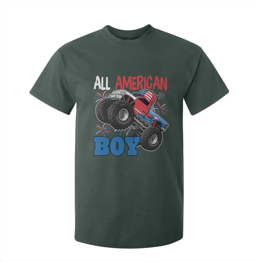 Funny All American Boy 4th Of July T Shirt For Kid Monster Trucks American Flag Fireworks TS11 Dark Forest Green Print Your Wear