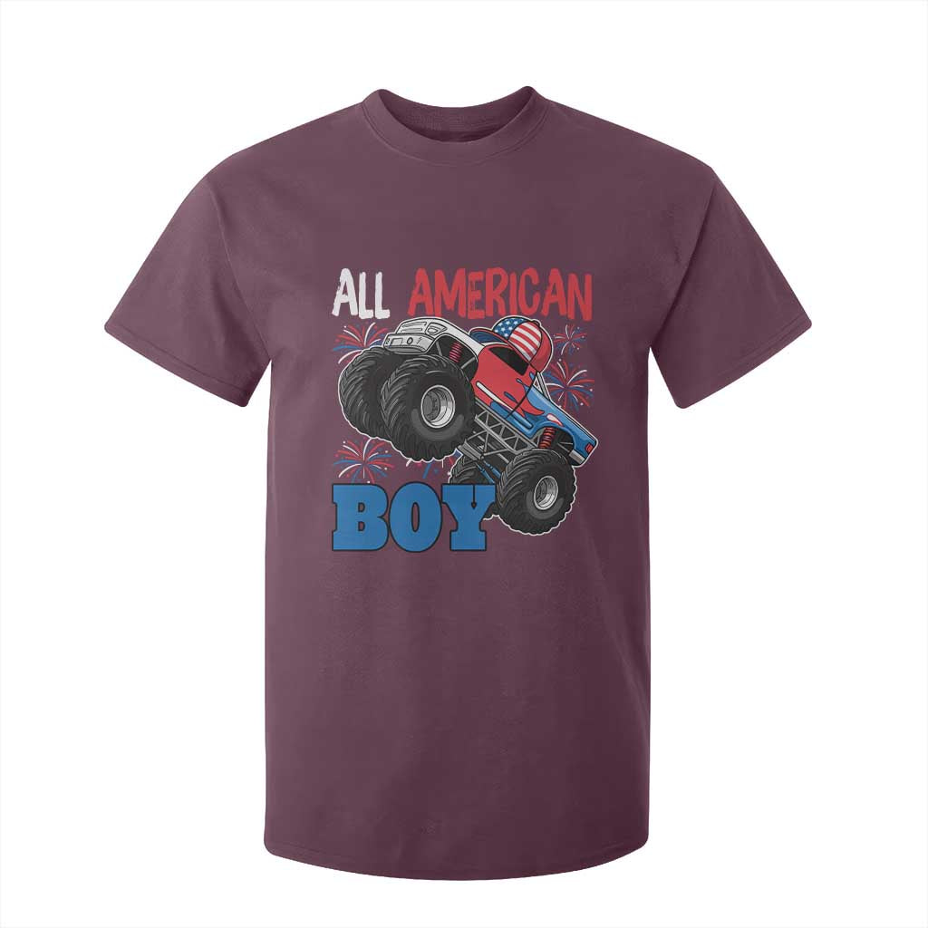 Funny All American Boy 4th Of July T Shirt For Kid Monster Trucks American Flag Fireworks TS11 Maroon Print Your Wear