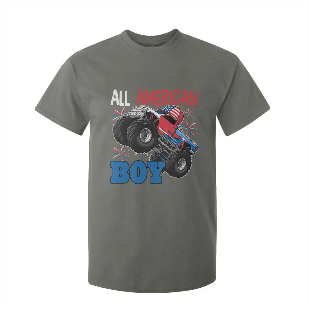 Funny All American Boy 4th Of July T Shirt For Kid Monster Trucks American Flag Fireworks TS11 Military Green Print Your Wear