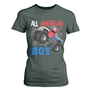 Funny All American Boy 4th Of July T Shirt For Women Monster Trucks American Flag Fireworks TS11 Dark Forest Green Print Your Wear