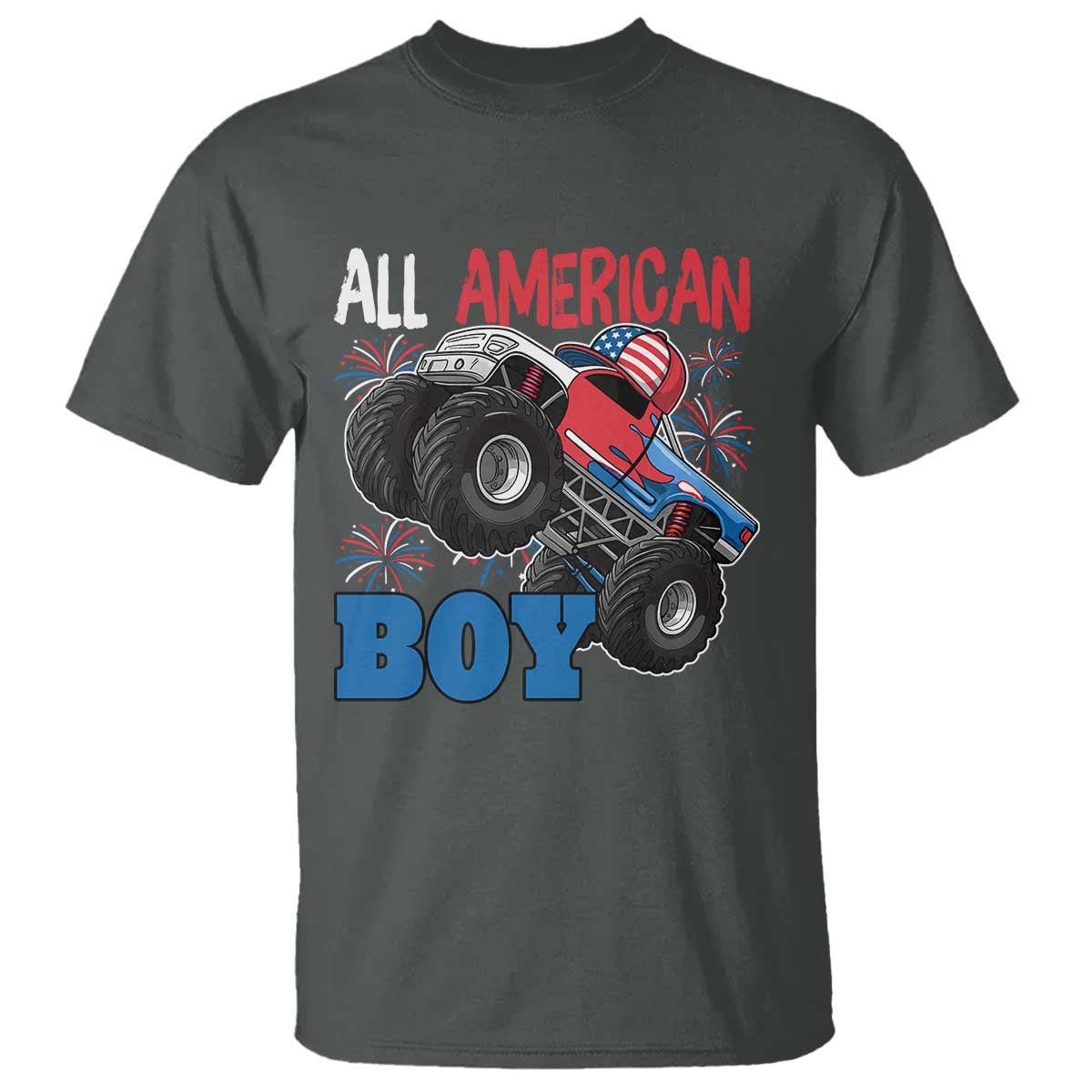 Funny All American Boy 4th Of July T Shirt Monster Trucks American Flag Fireworks TS11 Dark Heather Print Your Wear