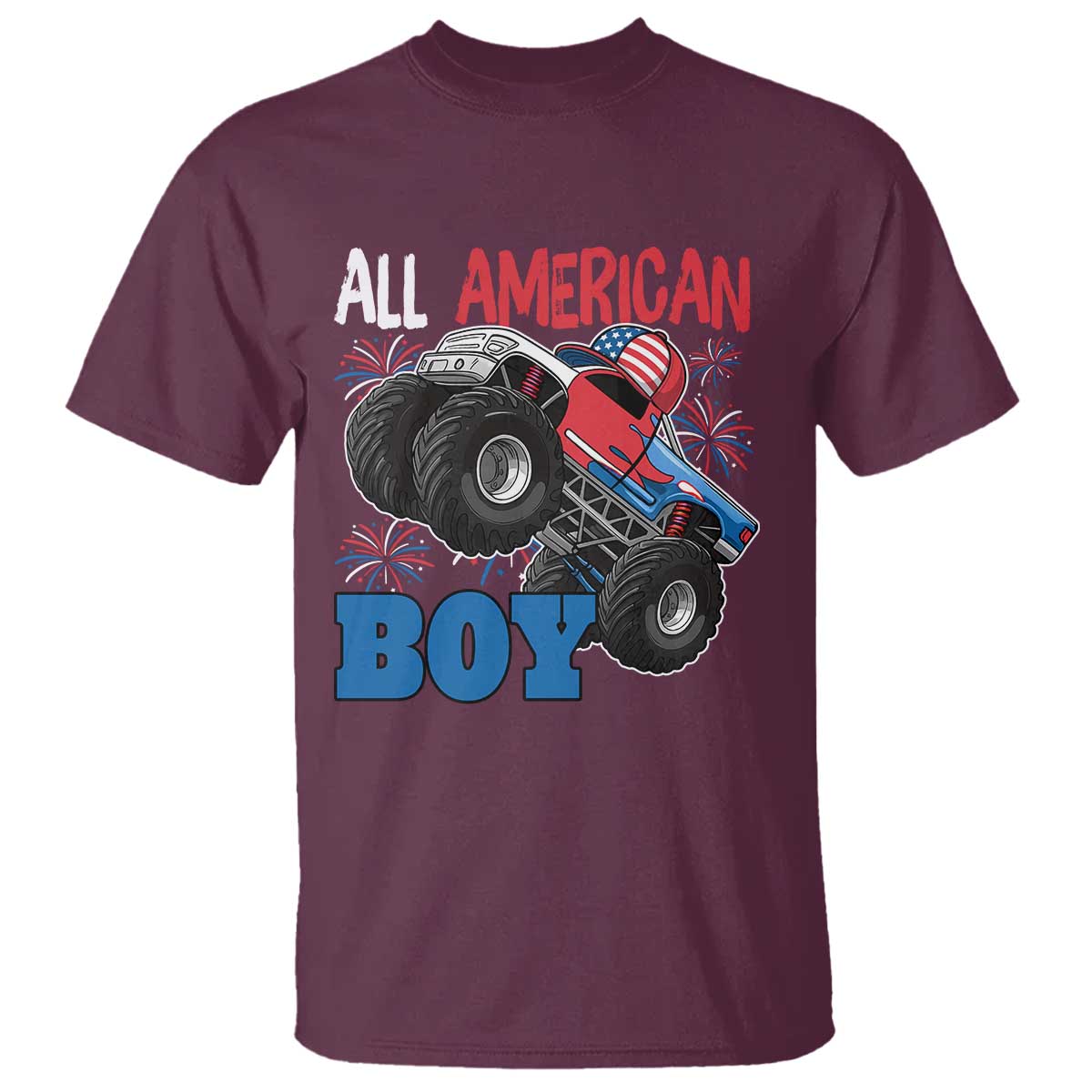 Funny All American Boy 4th Of July T Shirt Monster Trucks American Flag Fireworks TS11 Maroon Print Your Wear