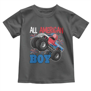 Funny All American Boy 4th Of July Toddler T Shirt Monster Trucks American Flag Fireworks TS11 Dark Heather Print Your Wear