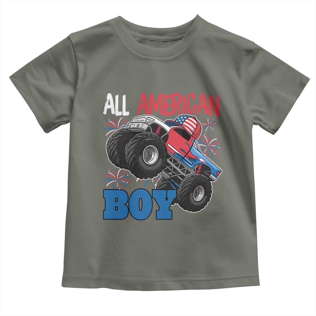 Funny All American Boy 4th Of July Toddler T Shirt Monster Trucks American Flag Fireworks TS11 Military Green Print Your Wear