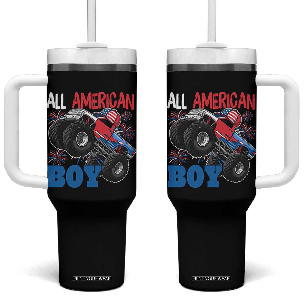 Funny All American Boy 4th Of July Tumbler With Handle Monster Trucks American Flag Fireworks TS11 One Size: 40 oz Black Print Your Wear
