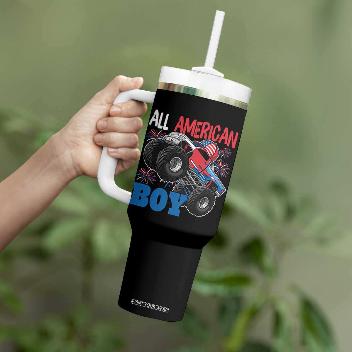 Funny All American Boy 4th Of July Tumbler With Handle Monster Trucks American Flag Fireworks TS11 Print Your Wear