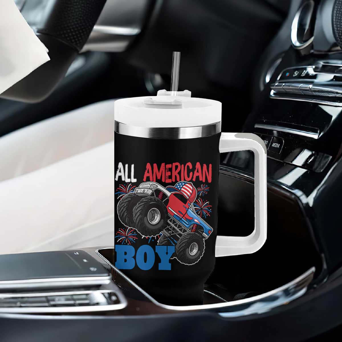 Funny All American Boy 4th Of July Tumbler With Handle Monster Trucks American Flag Fireworks TS11 Print Your Wear