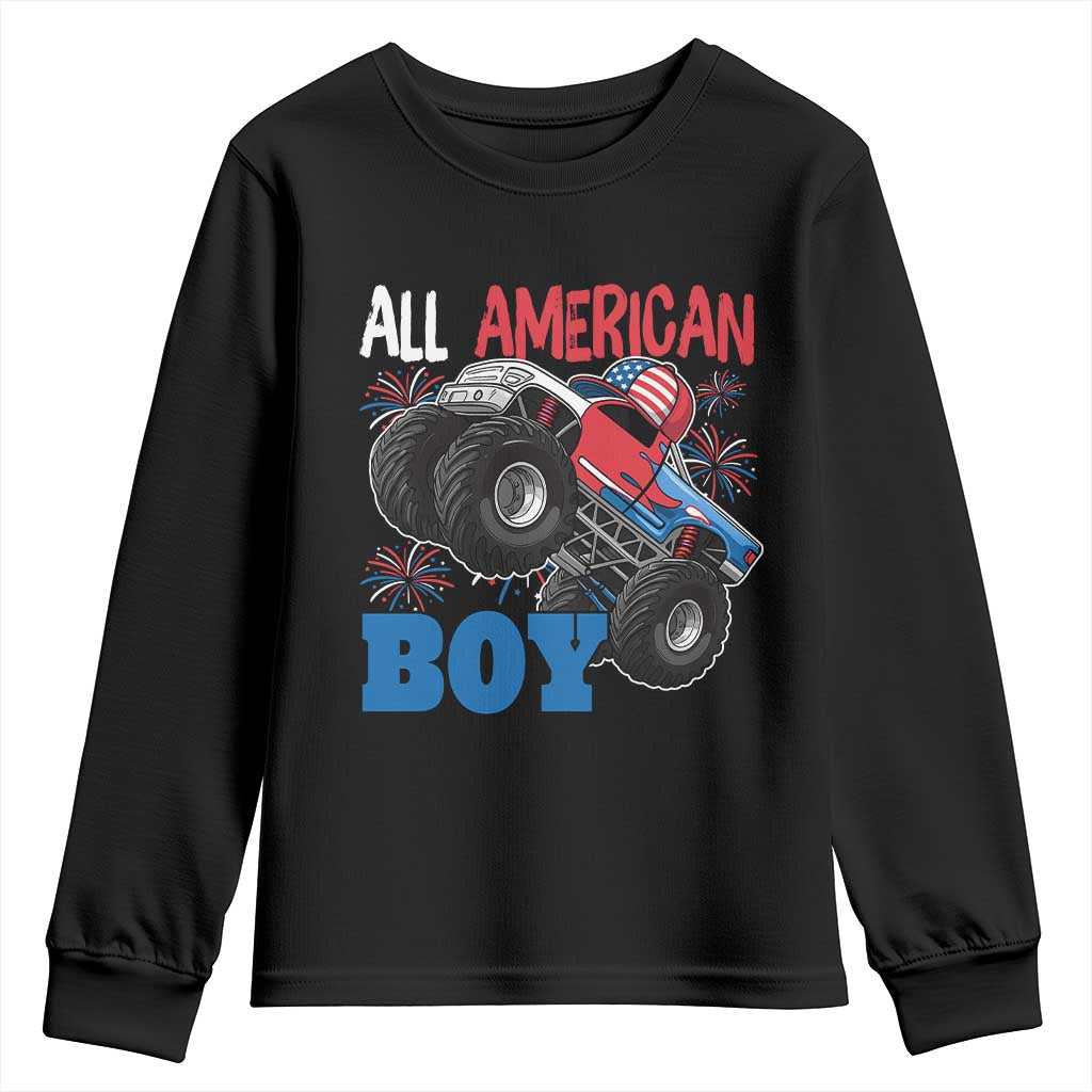 Funny All American Boy 4th Of July Youth Sweatshirt Monster Trucks American Flag Fireworks TS11 Black Print Your Wear