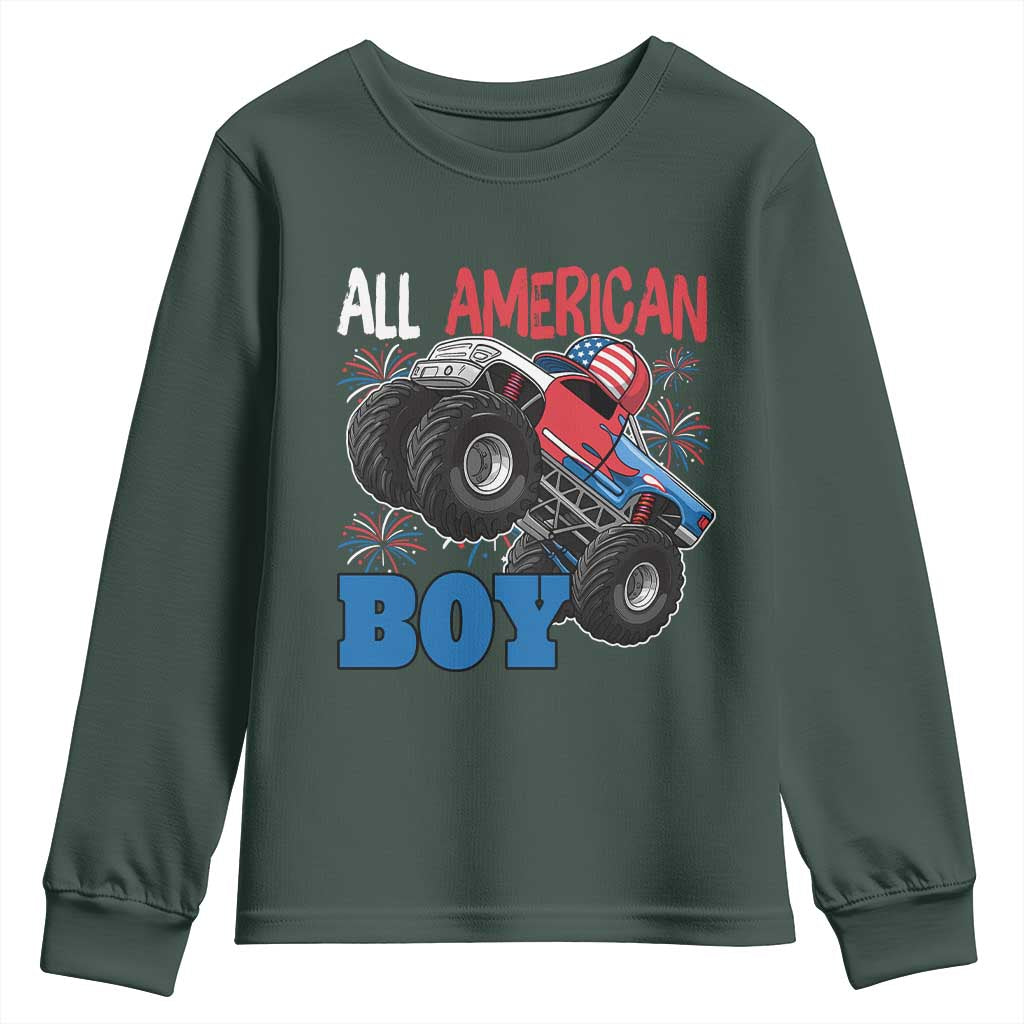 Funny All American Boy 4th Of July Youth Sweatshirt Monster Trucks American Flag Fireworks TS11 Dark Forest Green Print Your Wear