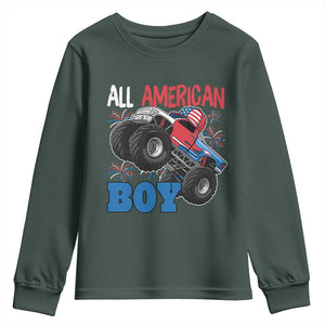 Funny All American Boy 4th Of July Youth Sweatshirt Monster Trucks American Flag Fireworks TS11 Dark Forest Green Print Your Wear