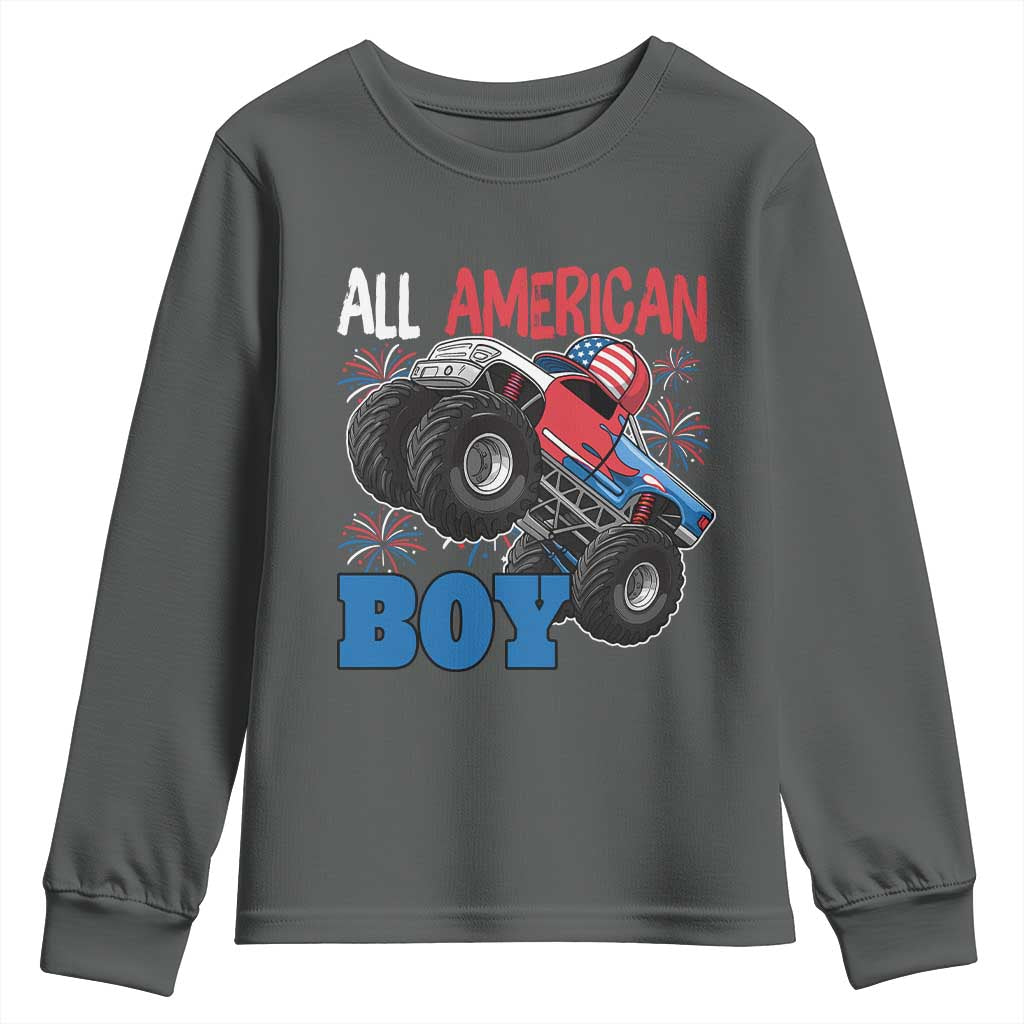 Funny All American Boy 4th Of July Youth Sweatshirt Monster Trucks American Flag Fireworks TS11 Dark Heather Print Your Wear