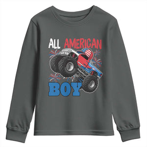 Funny All American Boy 4th Of July Youth Sweatshirt Monster Trucks American Flag Fireworks TS11 Dark Heather Print Your Wear