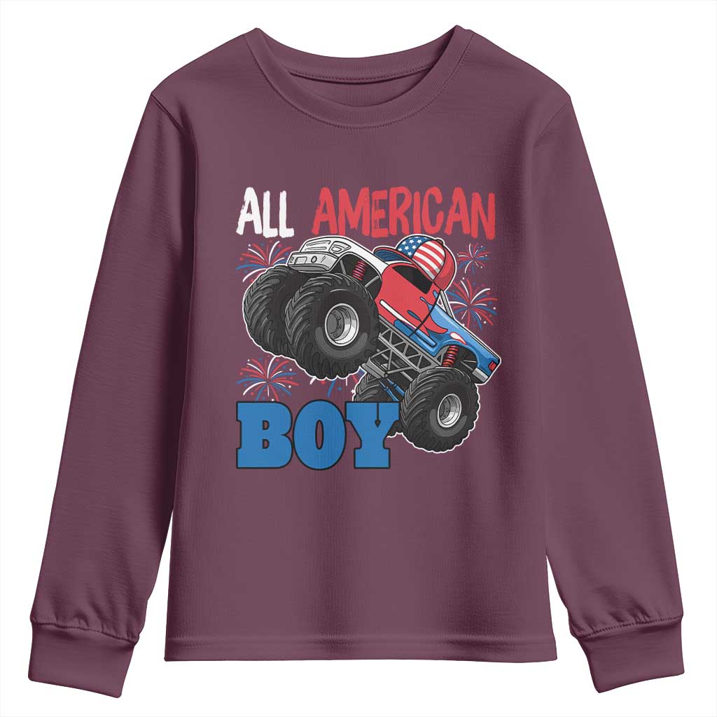 Funny All American Boy 4th Of July Youth Sweatshirt Monster Trucks American Flag Fireworks TS11 Maroon Print Your Wear