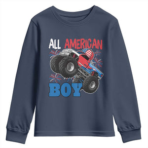 Funny All American Boy 4th Of July Youth Sweatshirt Monster Trucks American Flag Fireworks TS11 Navy Print Your Wear