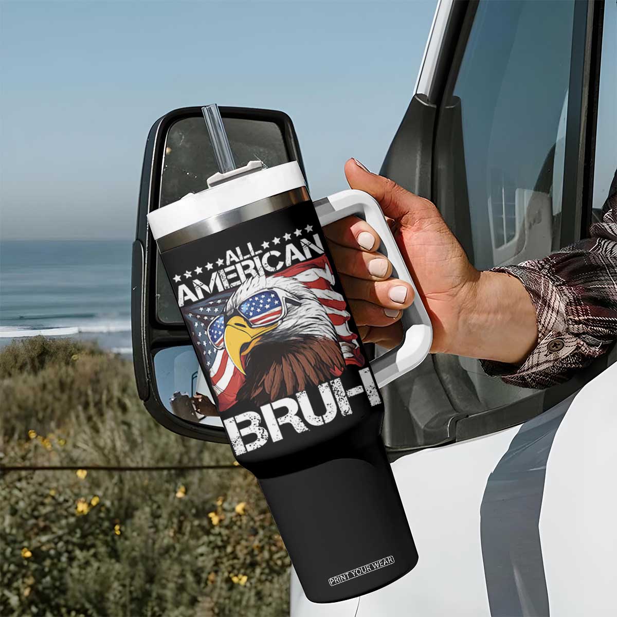 Funny All American Bruh Bald Eagle Tumbler With Handle American Flag 4th Of July Patriotic TS11 Print Your Wear
