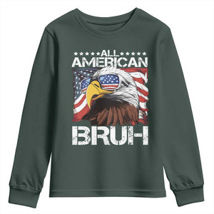 Funny All American Bruh Bald Eagle Youth Sweatshirt American Flag 4th Of July Patriotic TS11 Dark Forest Green Print Your Wear