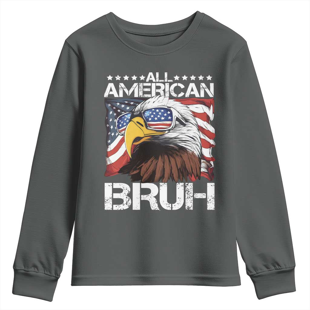 Funny All American Bruh Bald Eagle Youth Sweatshirt American Flag 4th Of July Patriotic TS11 Dark Heather Print Your Wear