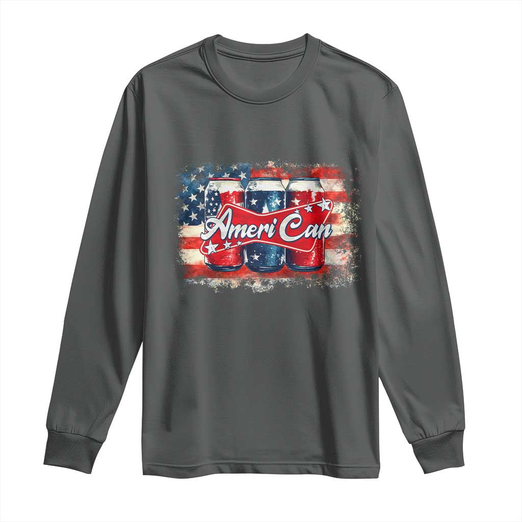Funny AmeriCan Beer 4th of July Drinking Long Sleeve Shirt American Flag USA Beer Can TS11 Dark Heather Print Your Wear