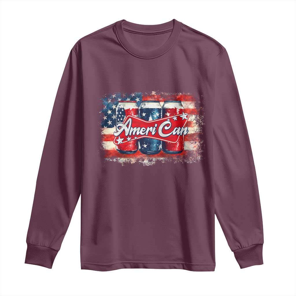 Funny AmeriCan Beer 4th of July Drinking Long Sleeve Shirt American Flag USA Beer Can TS11 Maroon Print Your Wear