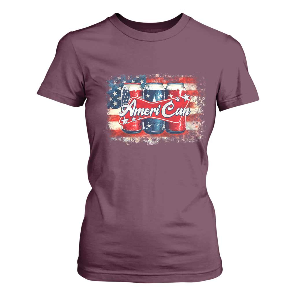 Funny AmeriCan Beer 4th of July Drinking T Shirt For Women American Flag USA Beer Can TS11 Maroon Print Your Wear