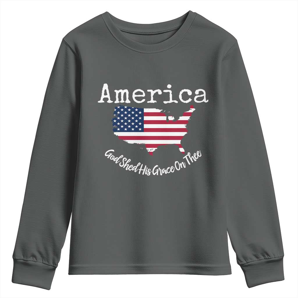 Funny America God Shed His Grace On Thee 4th of July Youth Sweatshirt TS11 Dark Heather Print Your Wear