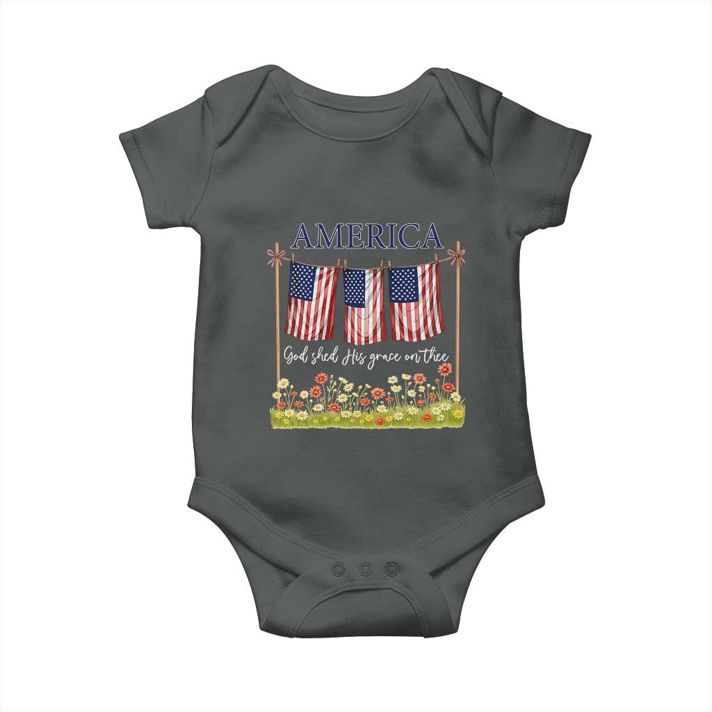Funny America God Shed His Grace On Thee Baby Onesie 4th Of July Christian American Flag TS11 Dark Heather Print Your Wear