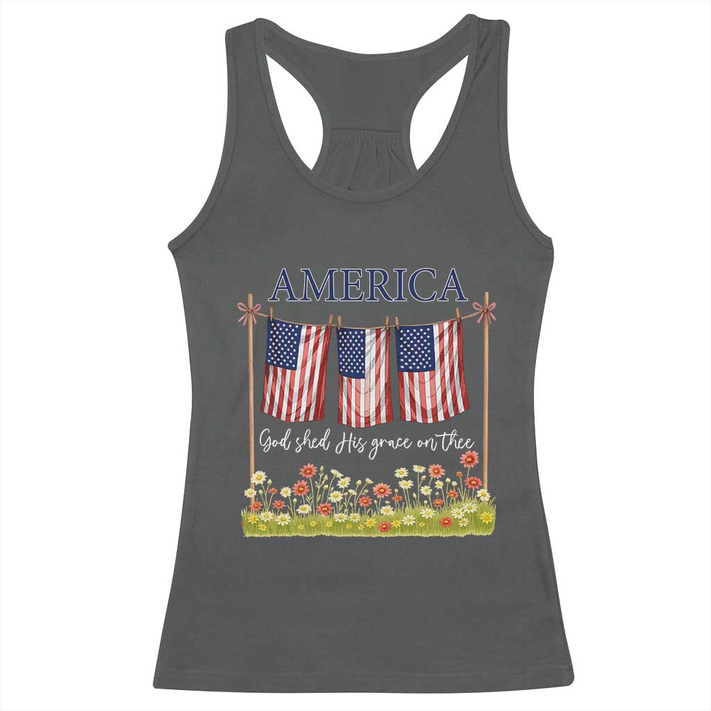 Funny America God Shed His Grace On Thee Racerback Tank Top 4th Of July Christian American Flag TS11 Dark Heather Print Your Wear