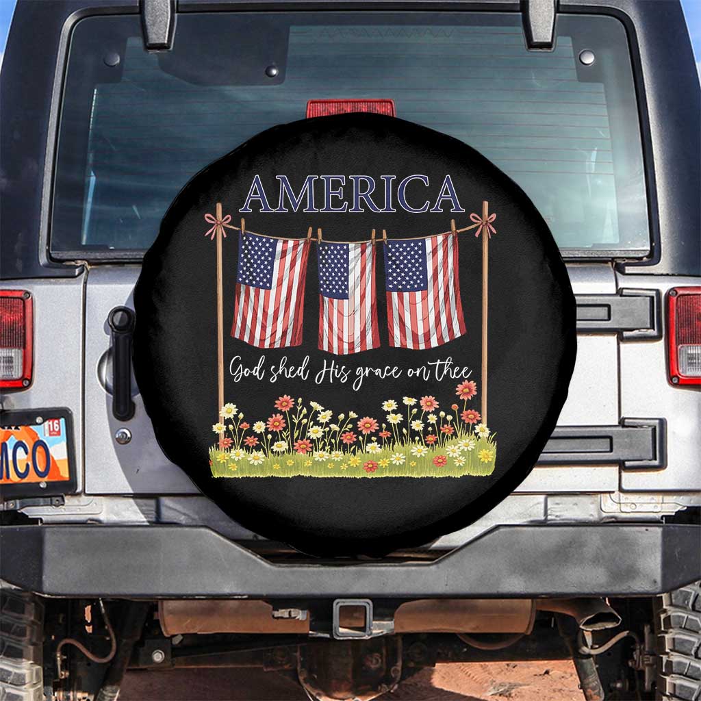 Funny America God Shed His Grace On Thee Spare Tire Cover 4th Of July Christian American Flag TS11 No hole Black Print Your Wear