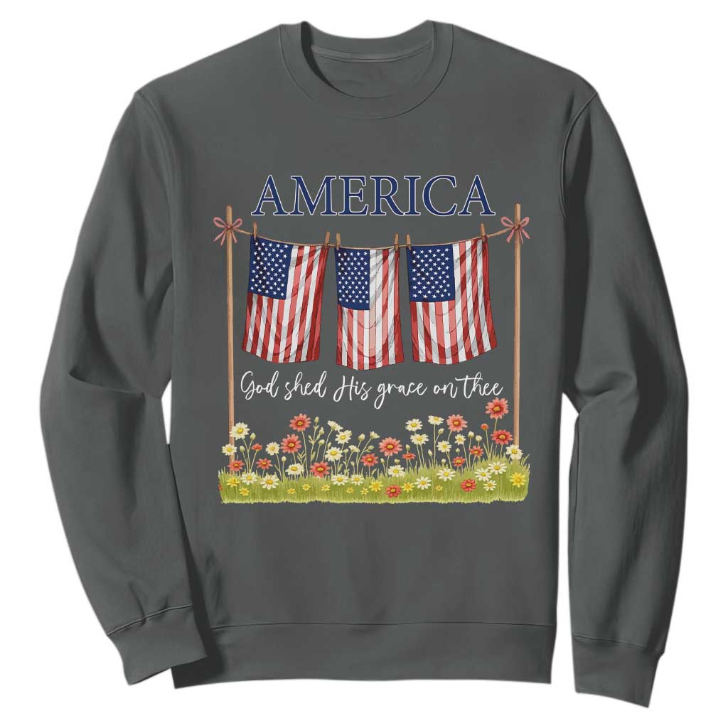 Funny America God Shed His Grace On Thee Sweatshirt 4th Of July Christian American Flag TS11 Dark Heather Print Your Wear