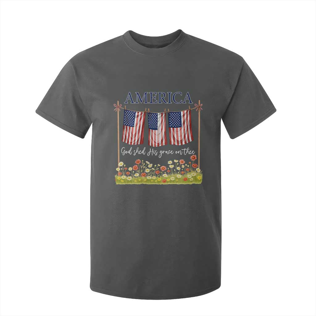 Funny America God Shed His Grace On Thee T Shirt For Kid 4th Of July Christian American Flag TS11 Dark Heather Print Your Wear