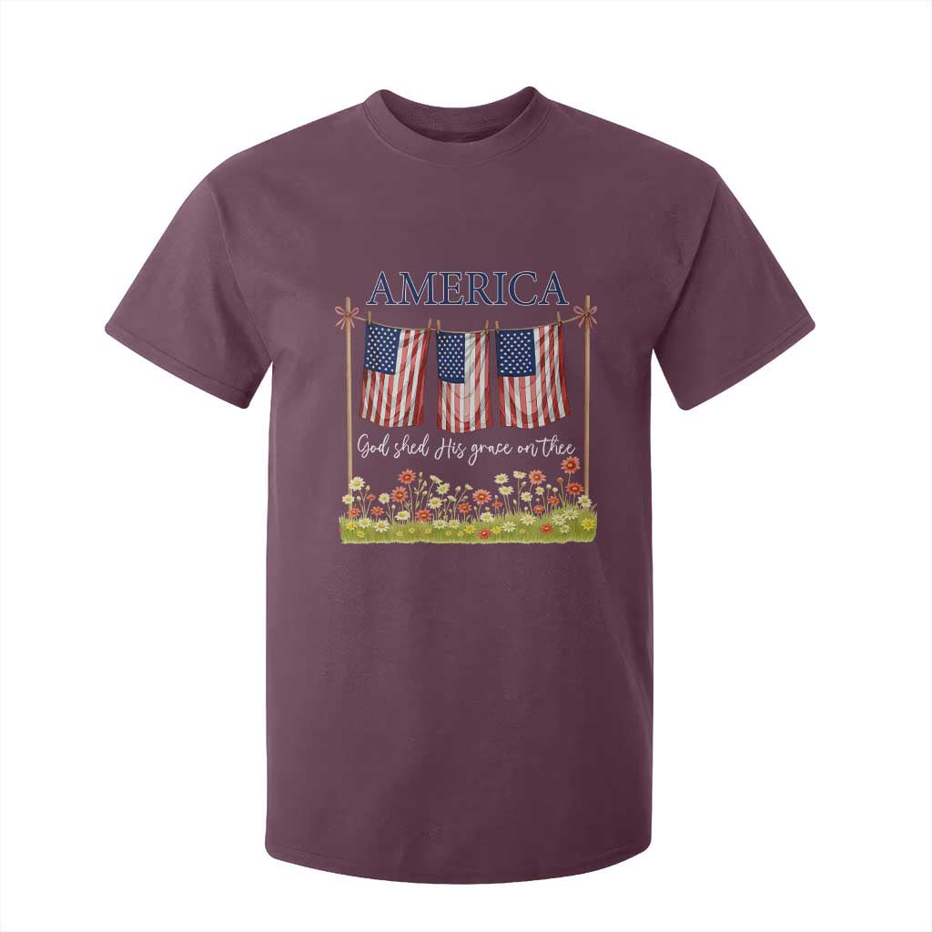Funny America God Shed His Grace On Thee T Shirt For Kid 4th Of July Christian American Flag TS11 Maroon Print Your Wear