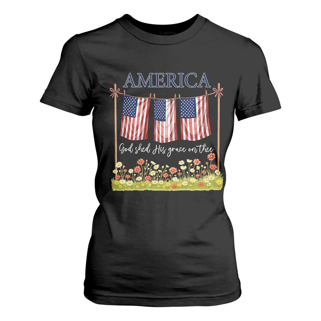 Funny America God Shed His Grace On Thee T Shirt For Women 4th Of July Christian American Flag TS11 Black Print Your Wear
