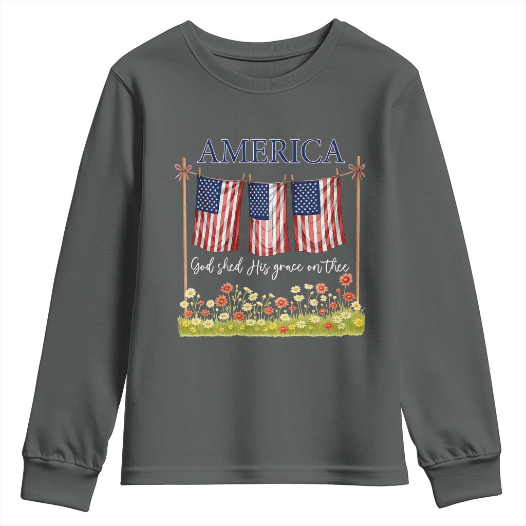 Funny America God Shed His Grace On Thee Youth Sweatshirt 4th Of July Christian American Flag TS11 Dark Heather Print Your Wear