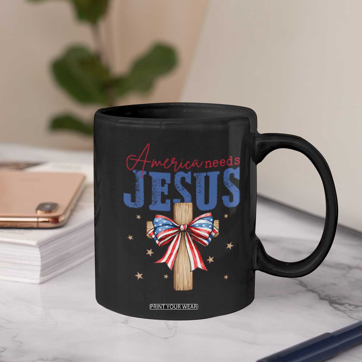 Funny America Needs Jesus Coffee Mug 4th Of July Patriotic Christian Coquette Bow TS11 Print Your Wear