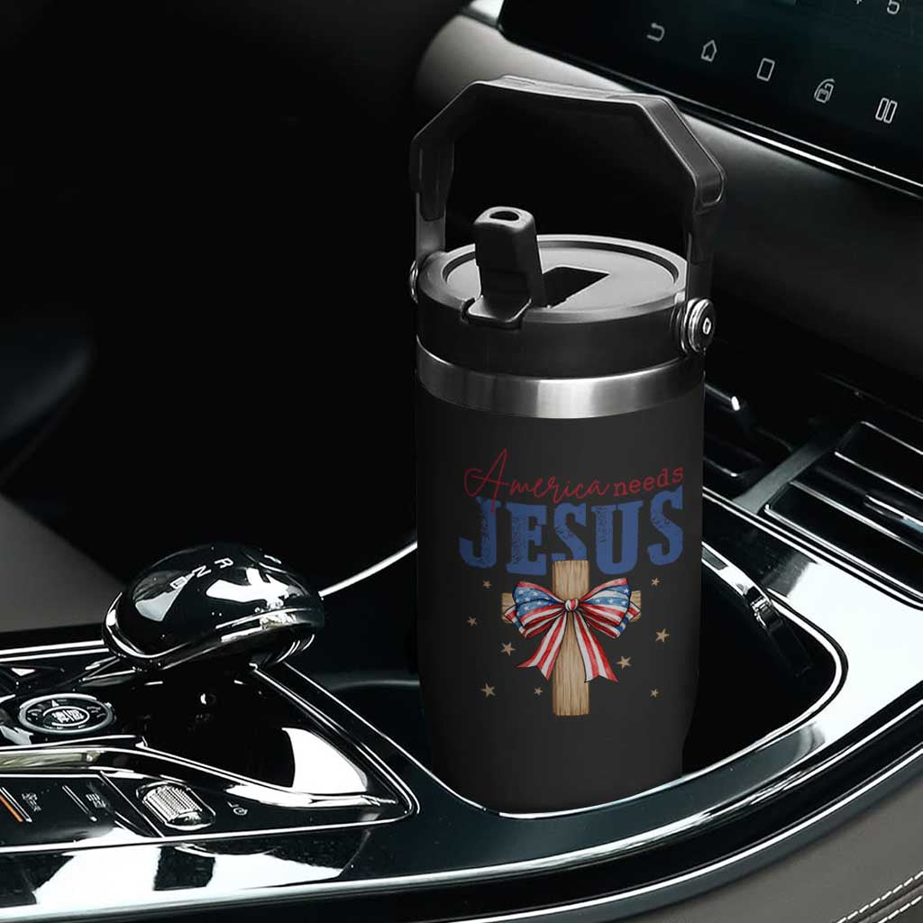 Funny America Needs Jesus Flip Straw Tumbler 4th Of July Patriotic Christian Coquette Bow TS11 Print Your Wear